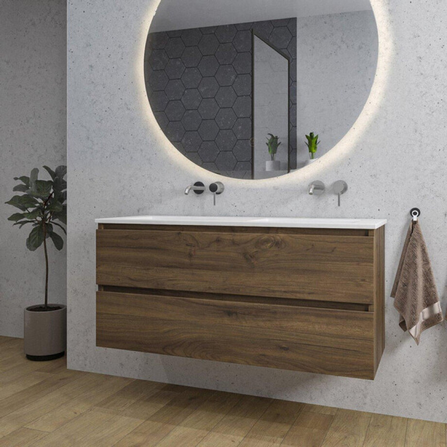 Adema Chaci Badkamermeubelset - 120x46x57cm - 2 keramische wasbakken wit - zonder kraangaten - 2 lades - ronde spiegel met verlichting - noten (hout) SW1212779/SW773928/SW161923 afbeelding 1