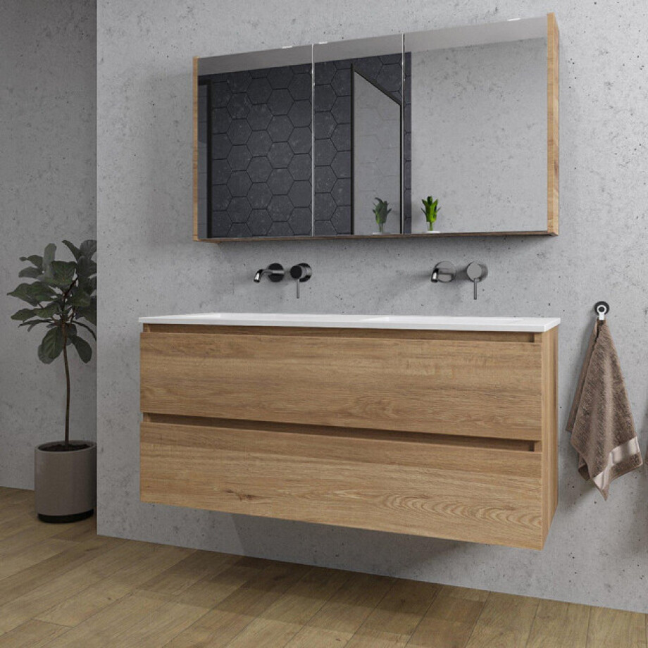 Adema Chaci Badkamermeubelset - 120x46x57cm - 2 keramische wasbakken wit - zonder kraangaten - 2 lades - Spiegelkast - eiken SW1212781/SW1212818/SW812072/SW773928 afbeelding 1