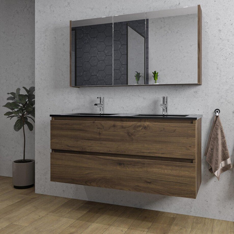 Adema Chaci Badkamermeubelset - 120x46x57cm - 2 keramische wasbakken zwart - 2 kraangaten - 2 lades - Spiegelkast - noten (hout) SW761657/SW812073/SW1212818/SW1212779 afbeelding 1