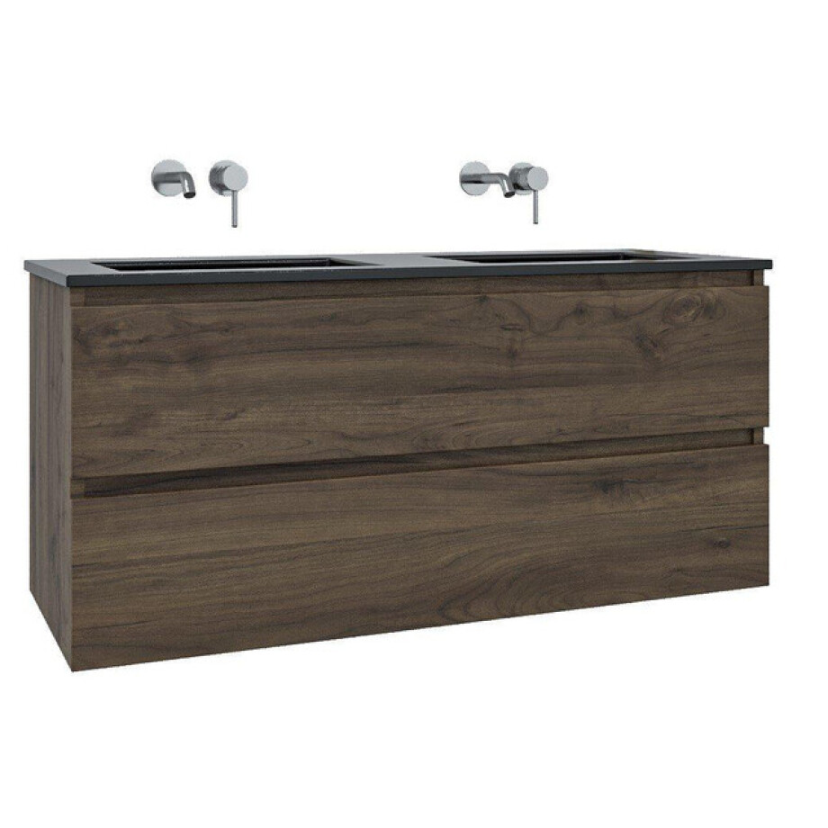 Adema Chaci Badkamermeubelset - 120x46x57cm - 2 keramische wasbakken zwart - zonder kraangaten - 2 lades - noten (hout) SW1212779/SW773933 Adema Chaci Badkamermeubelset - 120x46x57cm - 2 keramische wasbakken zwart - zonder kraangaten - 2 lades - noten (hout) SW1212779/SW773933 afbeelding 1