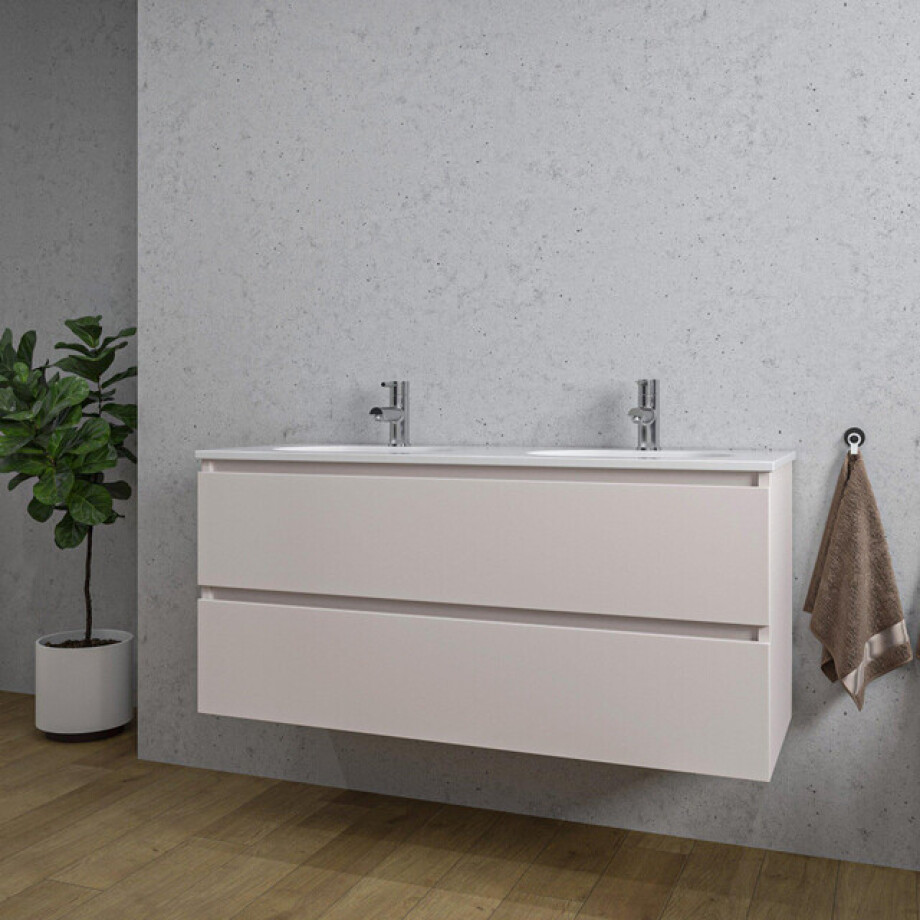 Adema Chaci Badkamermeubelset - 120x46x57cm - 2 ovale keramische wasbakken wit - 2 kraangaten - 2 lades - mat cotton (beige) SW718719/SW1212783 Adema Chaci Badkamermeubelset - 120x46x57cm - 2 ovale keramische wasbakken wit - 2 kraangaten - 2 lades - mat cotton (beige) SW718719/SW1212783 afbeelding 1