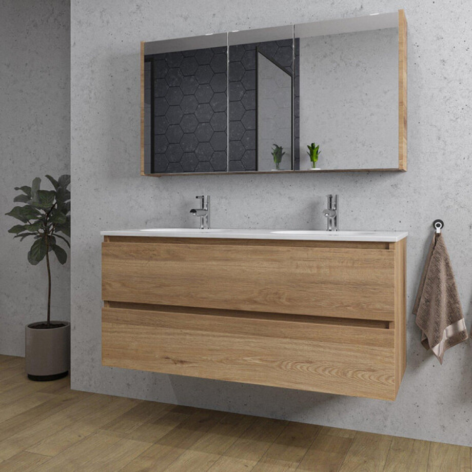 Adema Chaci Badkamermeubelset - 120x46x57cm - 2 ovale keramische wasbakken wit - 2 kraangaten - 2 lades - Spiegelkast - eiken SW1212781/SW1212818/SW812072/SW718719 afbeelding 1