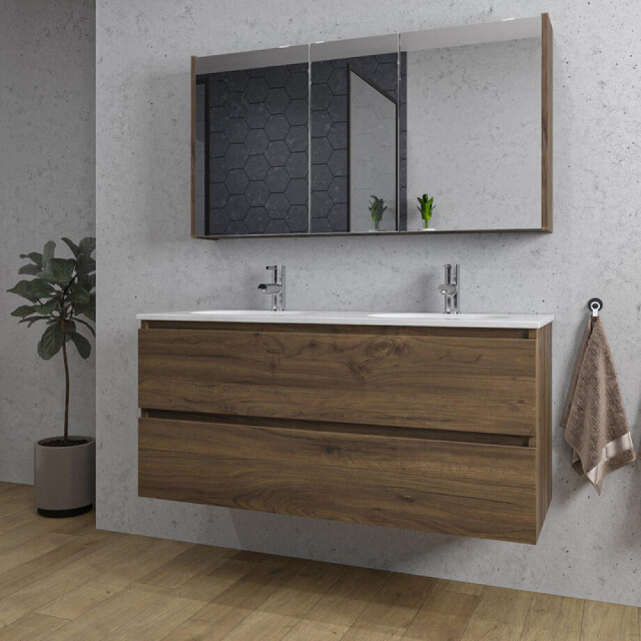 Adema Chaci Badkamermeubelset - 120x46x57cm - 2 ovale keramische wasbakken wit - 2 kraangaten - 2 lades - Spiegelkast - noten (hout) SW1212779/SW1212818/SW812073/SW718719 afbeelding 1