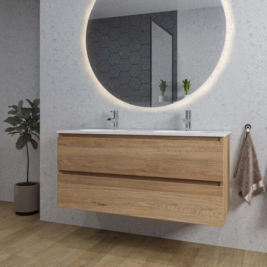 Adema Chaci Badkamermeubelset - 120x46x57cm - 2 ovale keramische wasbakken wit - 2 kraangaten - 2 lades - ronde spiegel met verlichting - eiken SW1212781/SW718719/SW161923 afbeelding 1