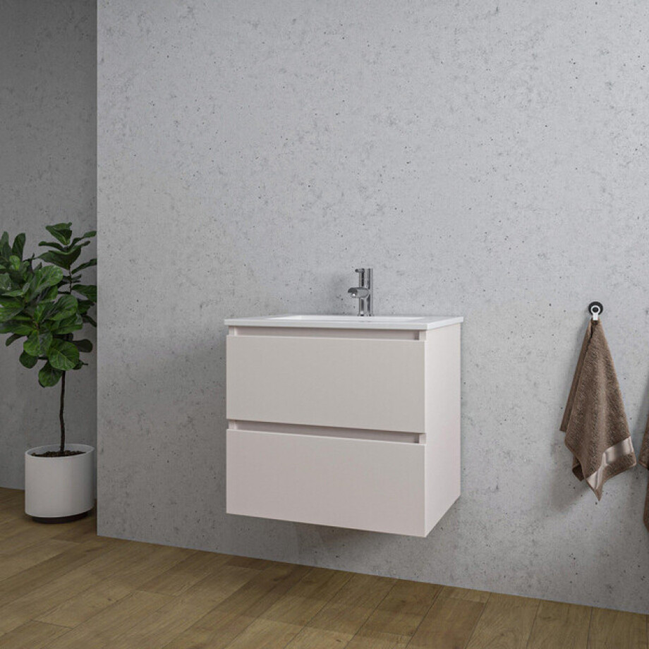 Adema Chaci Badkamermeubelset - 60x46x57cm - 1 keramische wasbak wit - 1 kraangat - 2 lades - mat cotton (beige) SW1212761/SW804530 afbeelding 1