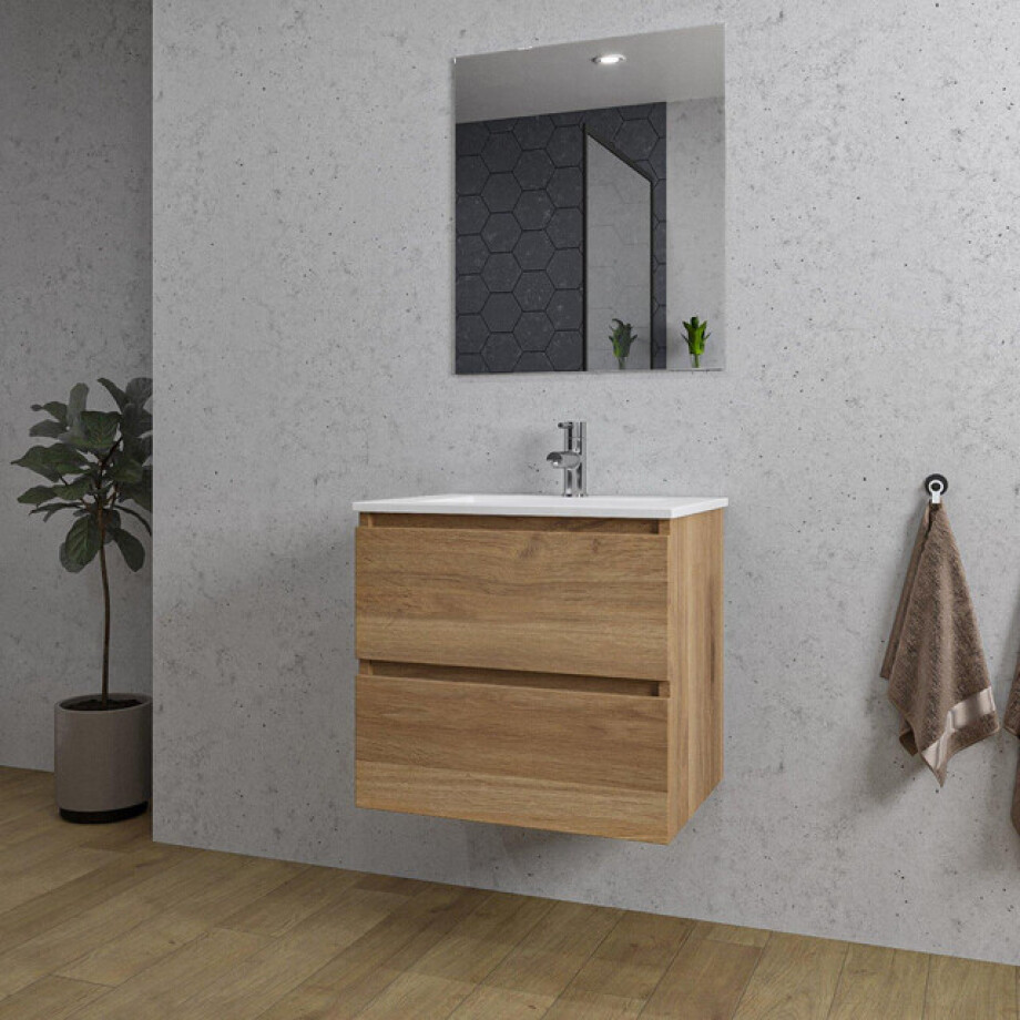 Adema Chaci Badkamermeubelset - 60x46x57cm - 1 keramische wasbak wit - 1 kraangat - 2 lades - rechthoekige spiegel - eiken SW1212759/SW804530/SW724610 afbeelding 1