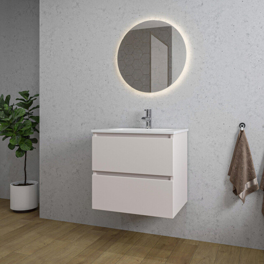 Adema Chaci Badkamermeubelset - 60x46x57cm - 1 keramische wasbak wit - 1 kraangat - 2 lades - ronde spiegel met verlichting - mat cotton (beige) SW1212761/SW804530/SW108325 afbeelding 1