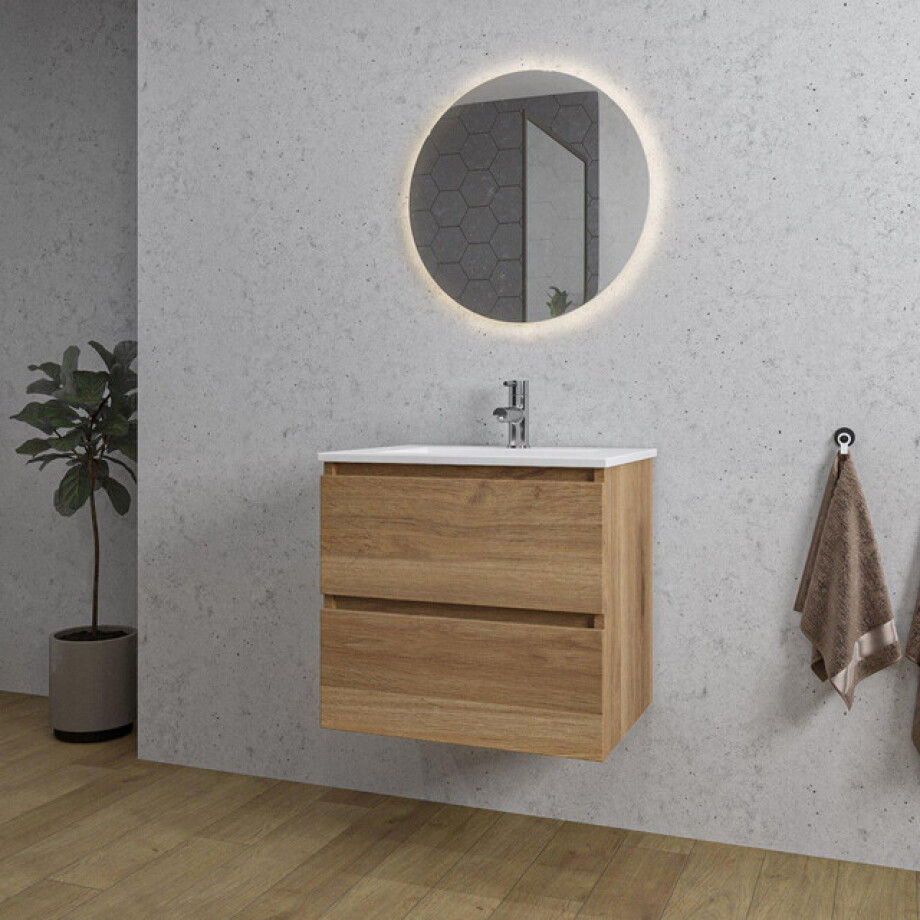 Adema Chaci Badkamermeubelset - 60x46x57cm - 1 keramische wasbak wit - 1 kraangat - 2 lades - ronde spiegel met verlichting - eiken SW1212759/SW804530/SW108325 Adema Chaci Badkamermeubelset - 60x46x57cm - 1 keramische wasbak wit - 1 kraangat - 2 lades - ronde spiegel met verlichting - eiken SW1212759/SW804530/SW108325 afbeelding 1