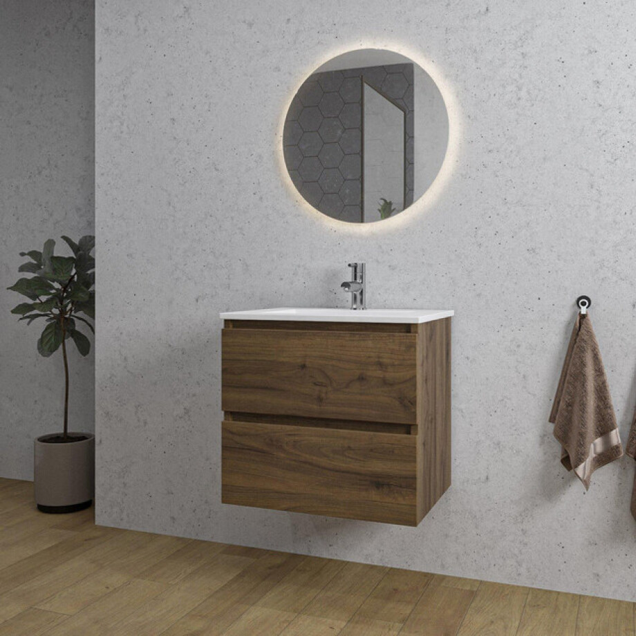 Adema Chaci Badkamermeubelset - 60x46x57cm - 1 keramische wasbak wit - 1 kraangat - 2 lades - ronde spiegel met verlichting - noten (hout) SW1212758/SW804530/SW108325 afbeelding 1