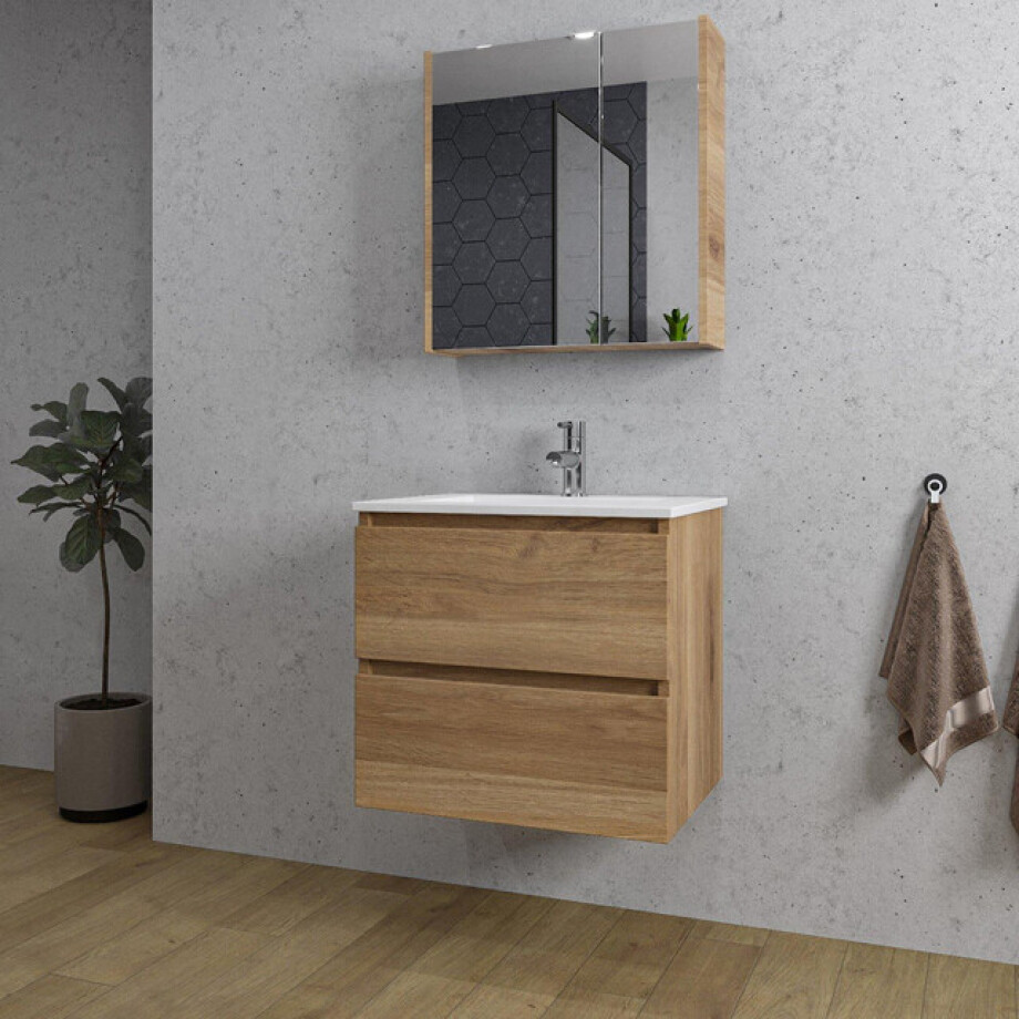 Adema Chaci Badkamermeubelset - 60x46x57cm - 1 keramische wasbak wit - 1 kraangat - 2 lades - Spiegelkast - eiken SW1212815/SW1212759/SW812072/SW804530 afbeelding 1