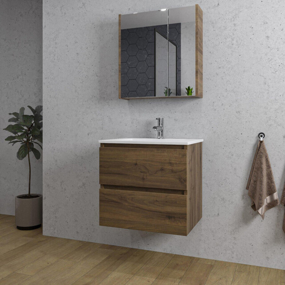 Adema Chaci Badkamermeubelset - 60x46x57cm - 1 keramische wasbak wit - 1 kraangat - 2 lades - Spiegelkast - noten (hout) SW1212815/SW1212758/SW812073/SW804530 afbeelding 1