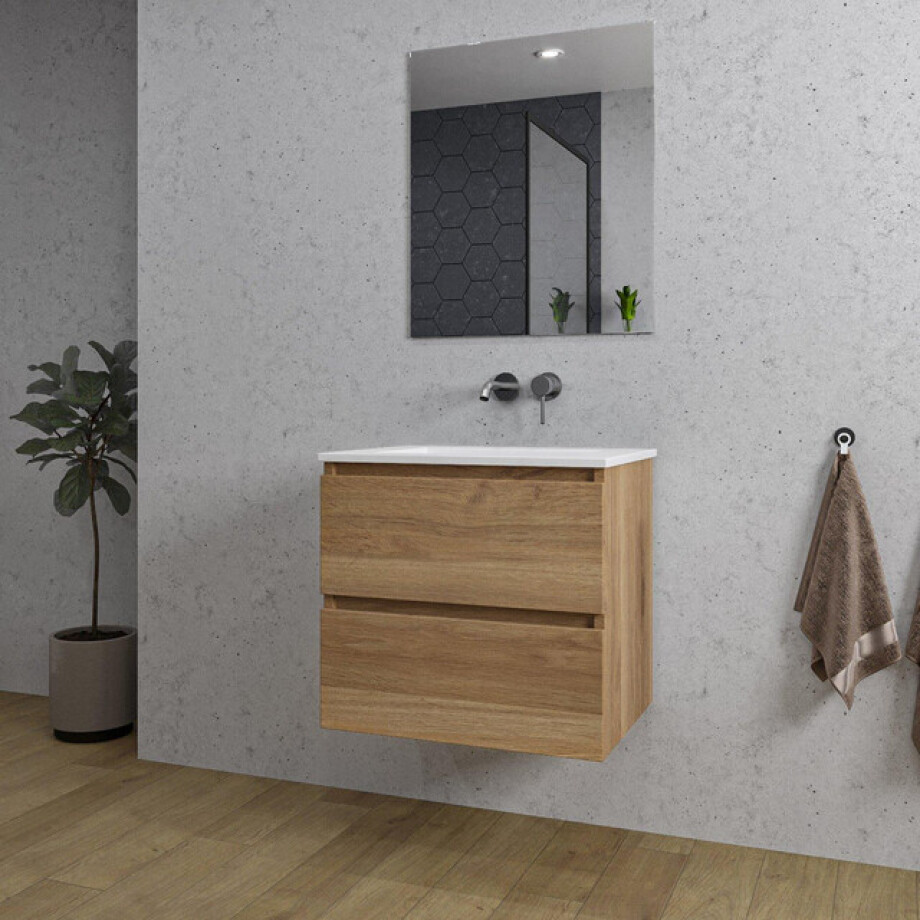 Adema Chaci Badkamermeubelset - 60x46x57cm - 1 keramische wasbak wit - zonder kraangaten - 2 lades - rechthoekige spiegel - eiken SW1212759/SW773925/SW724610 afbeelding 1