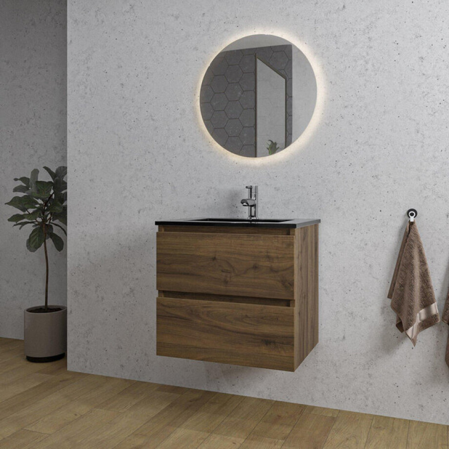 Adema Chaci Badkamermeubelset - 60x46x57cm - 1 keramische wasbak zwart - 1 kraangat - 2 lades - ronde spiegel met verlichting - noten (hout) SW1212758/SW761654/SW108325 afbeelding 1