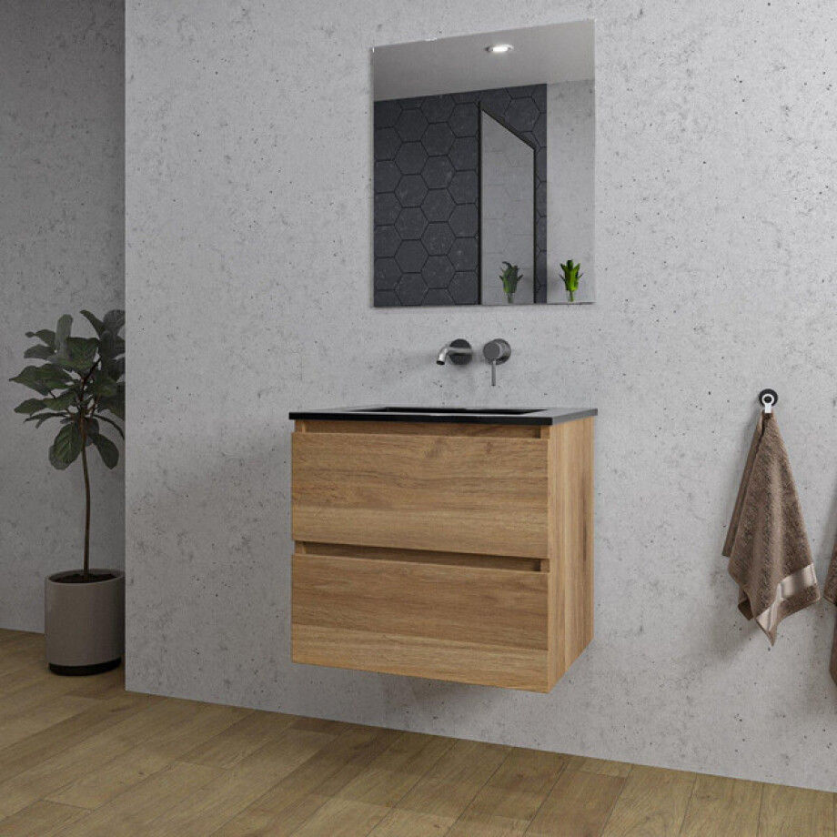 Adema Chaci Badkamermeubelset - 60x46x57cm - 1 keramische wasbak zwart - zonder kraangaten - 2 lades - rechthoekige spiegel - eiken SW1212759/SW773930/SW724610 Adema Chaci Badkamermeubelset - 60x46x57cm - 1 keramische wasbak zwart - zonder kraangaten - 2 lades - rechthoekige spiegel - eiken SW1212759/SW773930/SW724610 afbeelding 1