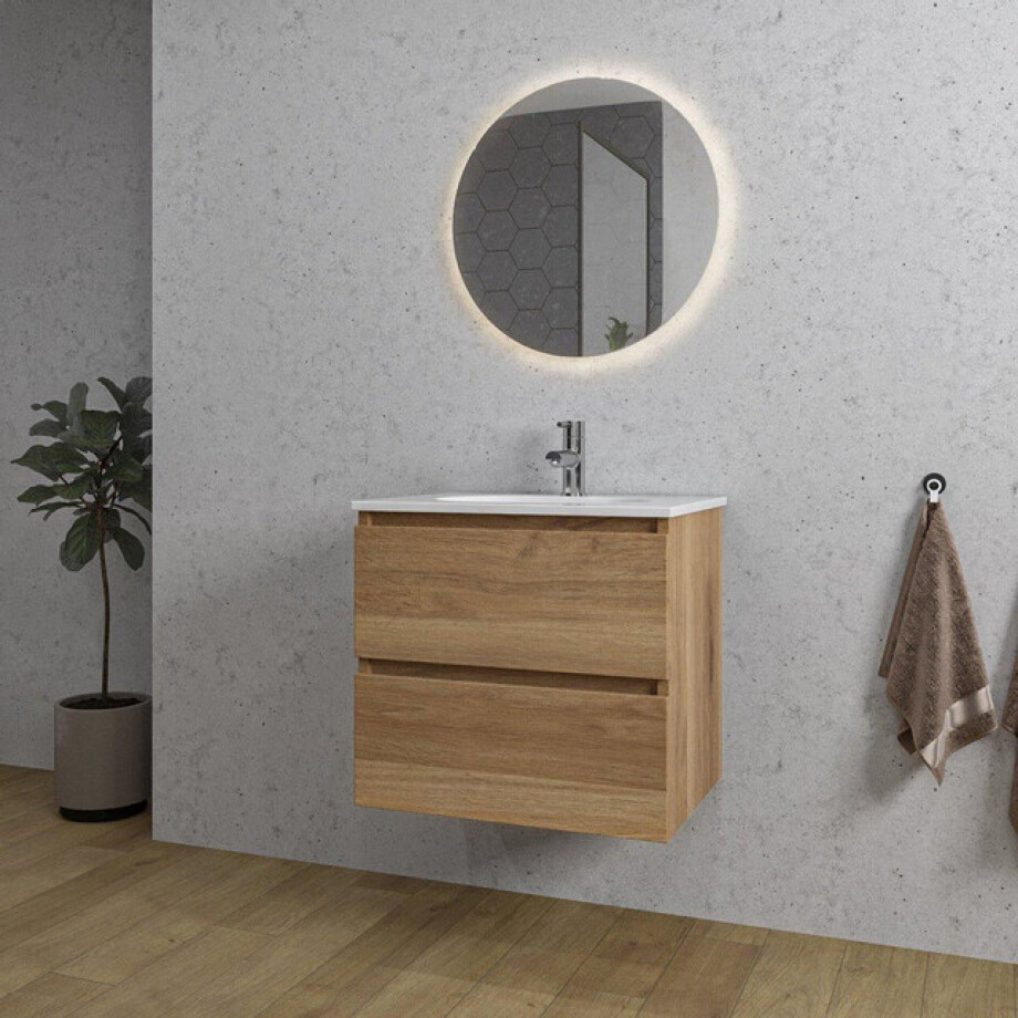 Adema Chaci Badkamermeubelset - 60x46x57cm - 1 ovale keramische wasbak wit - 1 kraangat - 2 lades - ronde spiegel met verlichting - eiken SW1212759/SW718716/SW108325 afbeelding 1