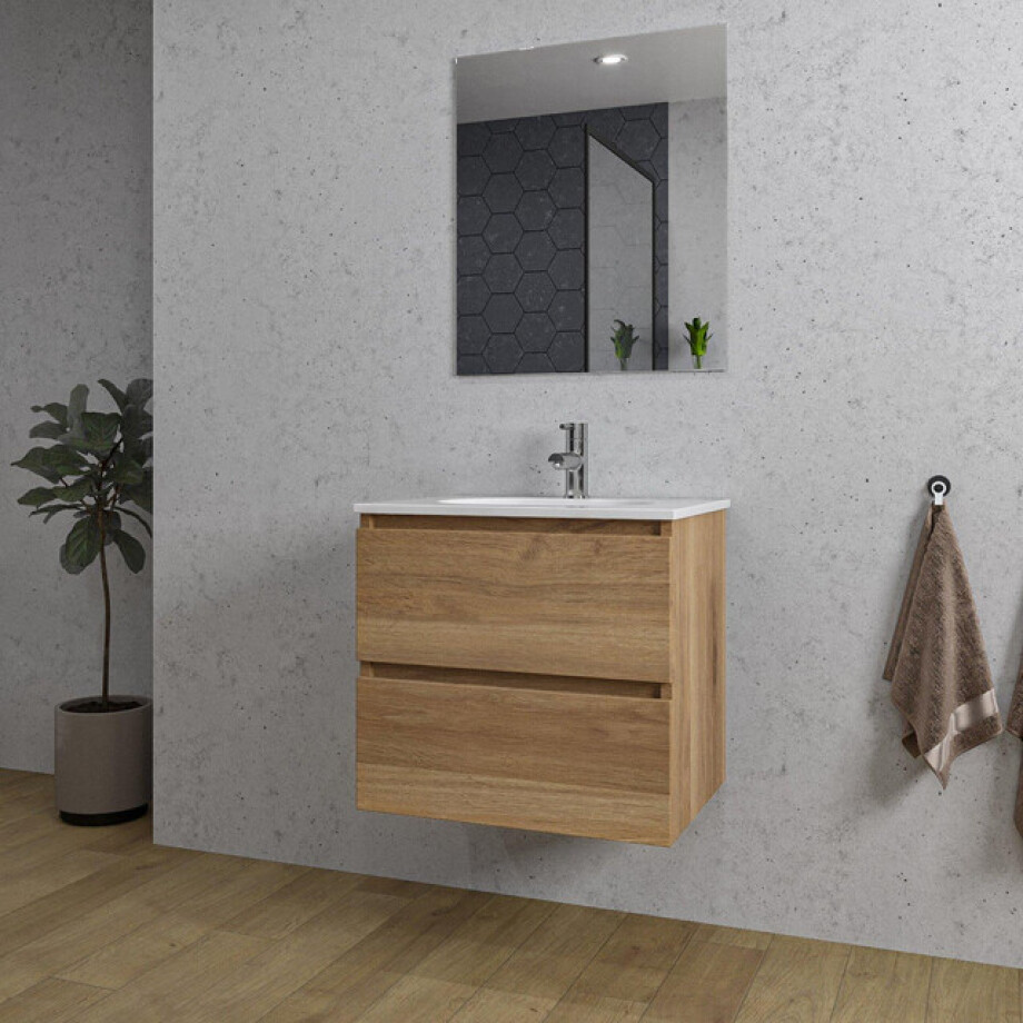 Adema Chaci Badkamermeubelset - 60x46x57cm - 1 ovale keramische wasbak wit - 1 kraangat - 2 lades - rechthoekige spiegel - eiken SW1212759/SW718716/SW724610 afbeelding 1