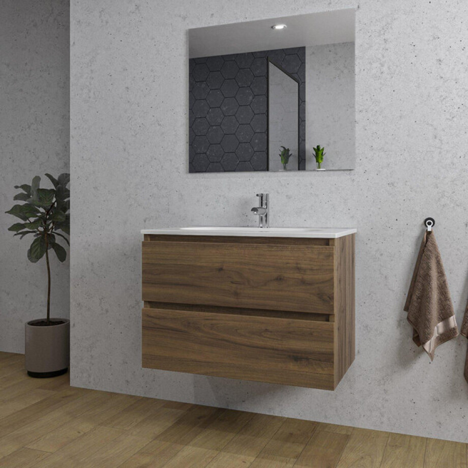 Adema Chaci Badkamermeubelset - 80x45x57cm - 1 ovale keramische wasbak wit - 1 kraangat - 2 lades - rechthoekige spiegel - noten (hout) SW1212764/SW718717/SW724611 Adema Chaci Badkamermeubelset - 80x45x57cm - 1 ovale keramische wasbak wit - 1 kraangat - 2 lades - rechthoekige spiegel - noten (hout) SW1212764/SW718717/SW724611 afbeelding 1