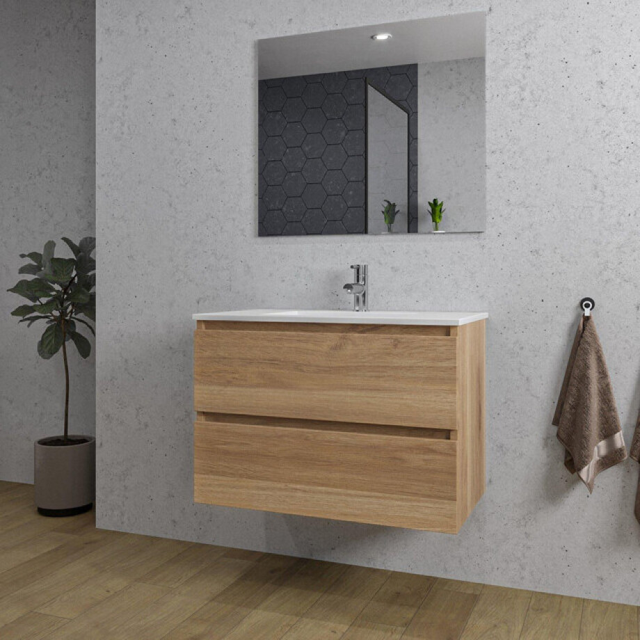 Adema Chaci Badkamermeubelset - 80x46x55cm - 1 keramische wasbak wit - 1 kraangat - 2 lades - rechthoekige spiegel - eiken SW1212767/SW804531/SW724611 afbeelding 1