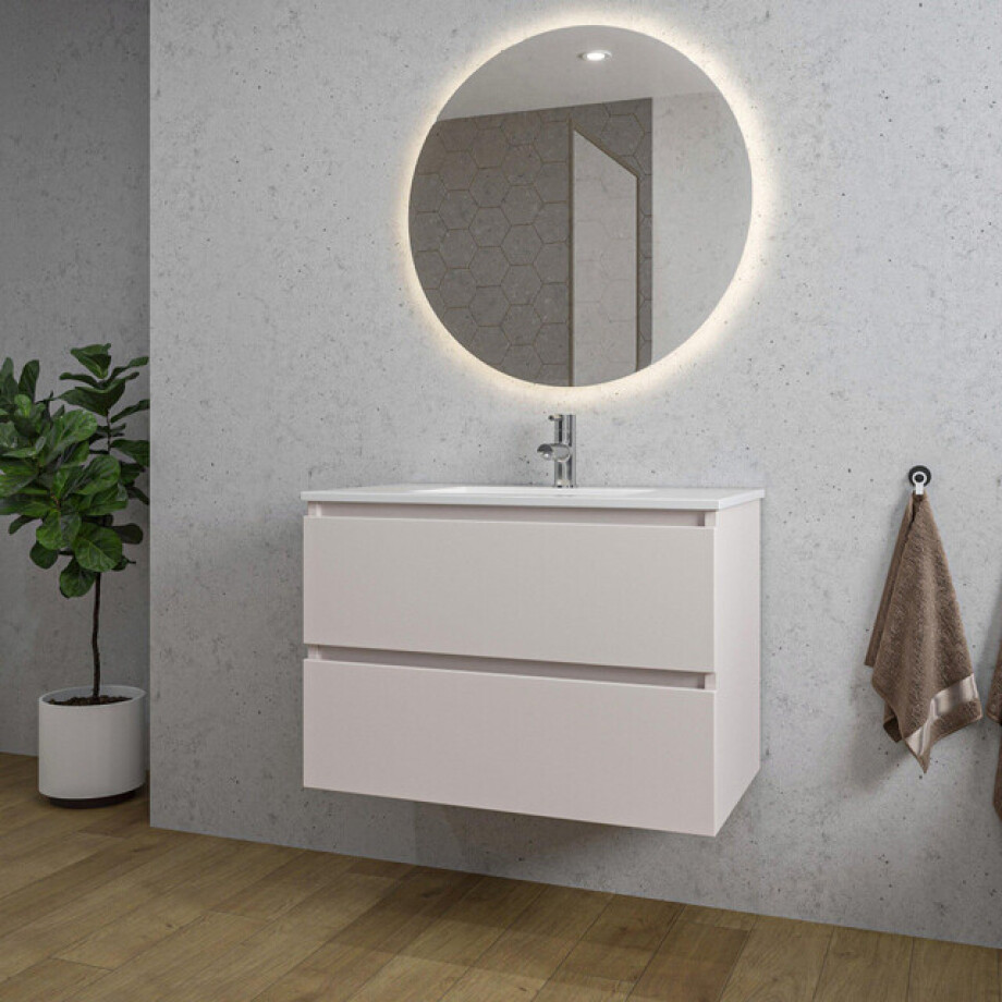 Adema Chaci Badkamermeubelset - 80x46x55cm - 1 keramische wasbak wit - 1 kraangat - 2 lades - ronde spiegel met verlichting - mat cotton (beige) SW1212765/SW804531/SW108328 afbeelding 1