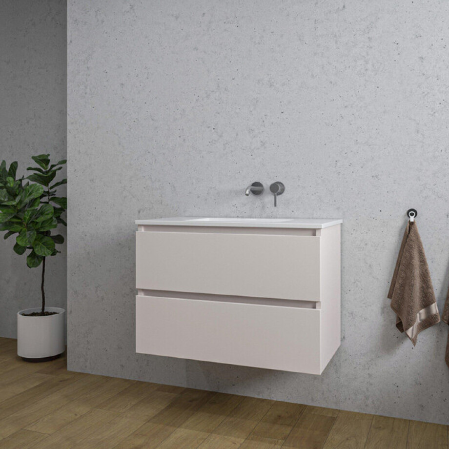 Adema Chaci Badkamermeubelset - 80x46x55cm - 1 keramische wasbak wit - zonder kraangaten - 2 lades - mat cotton (beige) SW773926/SW1212765 Adema Chaci Badkamermeubelset - 80x46x55cm - 1 keramische wasbak wit - zonder kraangaten - 2 lades - mat cotton (beige) SW773926/SW1212765 afbeelding 1