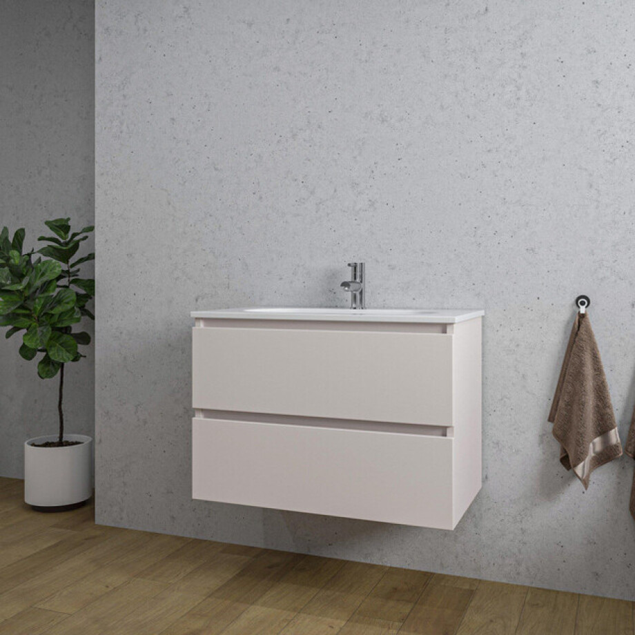 Adema Chaci Badkamermeubelset - 80x46x57cm - 1 ovale keramische wasbak wit - 1 kraangat - 2 lades - mat cotton (beige) SW718717/SW1212765 afbeelding 1