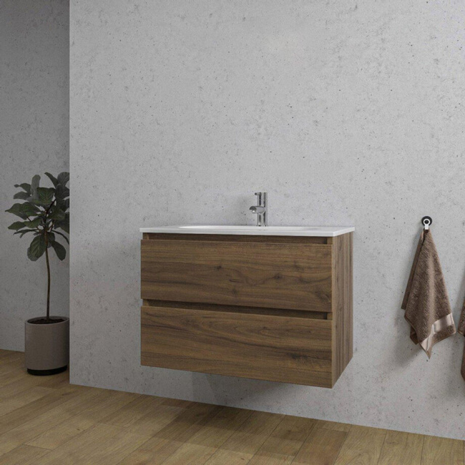 Adema Chaci Badkamermeubelset - 80x46x57cm - 1 ovale keramische wasbak wit - 1 kraangat - 2 lades - noten (hout) SW1212764/SW718717 Adema Chaci Badkamermeubelset - 80x46x57cm - 1 ovale keramische wasbak wit - 1 kraangat - 2 lades - noten (hout) SW1212764/SW718717 afbeelding 1