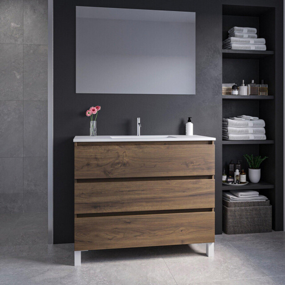 Adema Chaci PLUS Badkamermeubelset - 100x86x46cm - 1 rechthoekige keramische wasbak wit - 1 kraangat - 3 lades - rechthoekige spiegel - noten (hout) SW1212801/SW804532/SW724612 afbeelding 1