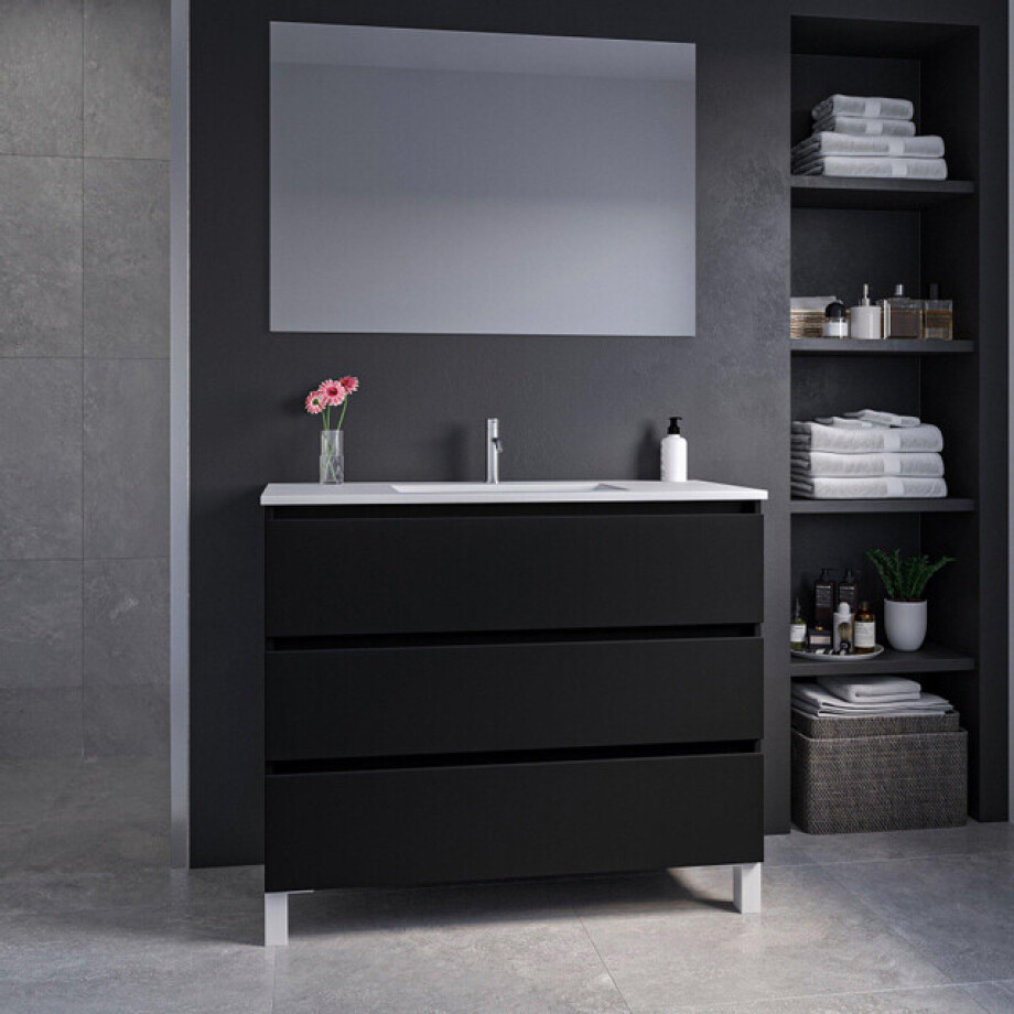 Adema Chaci PLUS Badkamermeubelset - 100x86x46cm - 1 rechthoekige keramische wasbak wit - 1 kraangat - 3 lades - rechthoekige spiegel - mat zwart SW1212802/SW804532/SW724612 afbeelding 1