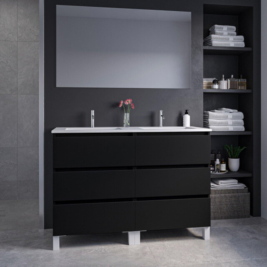 Adema Chaci PLUS Badkamermeubelset - 120x86x46cm - 2 rechthoekige keramische wasbakken wit - 2 kraangaten - 6 lades - rechthoekige spiegel - mat zwart 2xSW892696/SW804533/SW724613 afbeelding 1