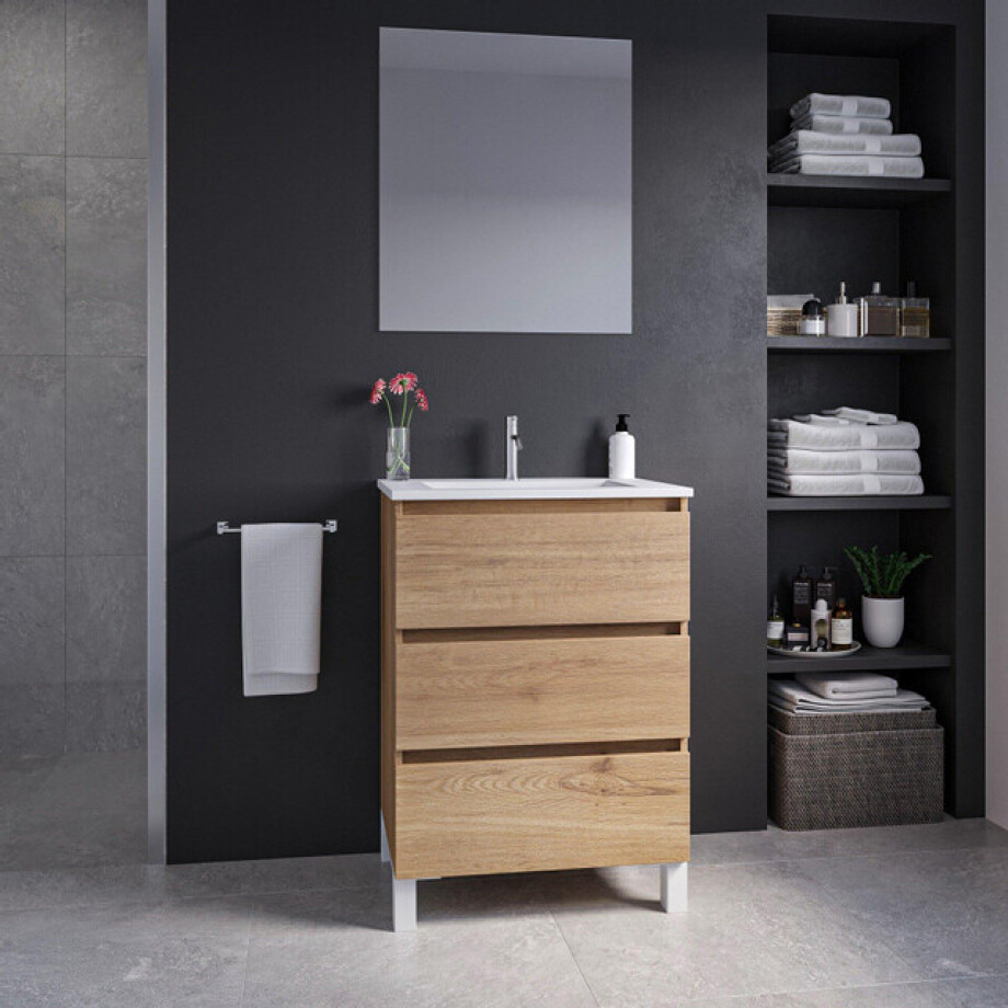 Adema Chaci PLUS Badkamermeubelset - 60x86x46cm - 1 rechthoekige keramische wasbak wit - 1 kraangat - 3 lades - rechthoekige spiegel - eiken SW892694/SW804530/SW724610 afbeelding 1