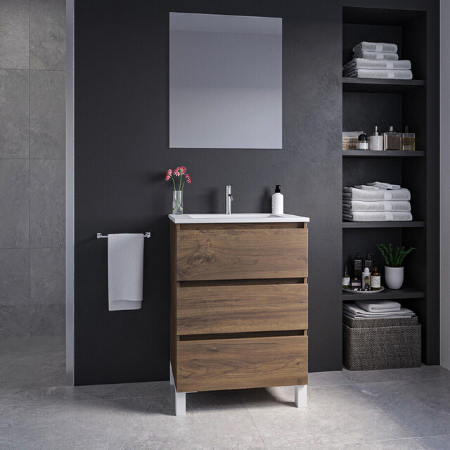Adema Chaci PLUS Badkamermeubelset - 60x86x46cm - 1 rechthoekige keramische wasbak wit - 1 kraangat - 3 lades - rechthoekige spiegel - noten (hout) SW892695/SW804530/SW724610 afbeelding 1