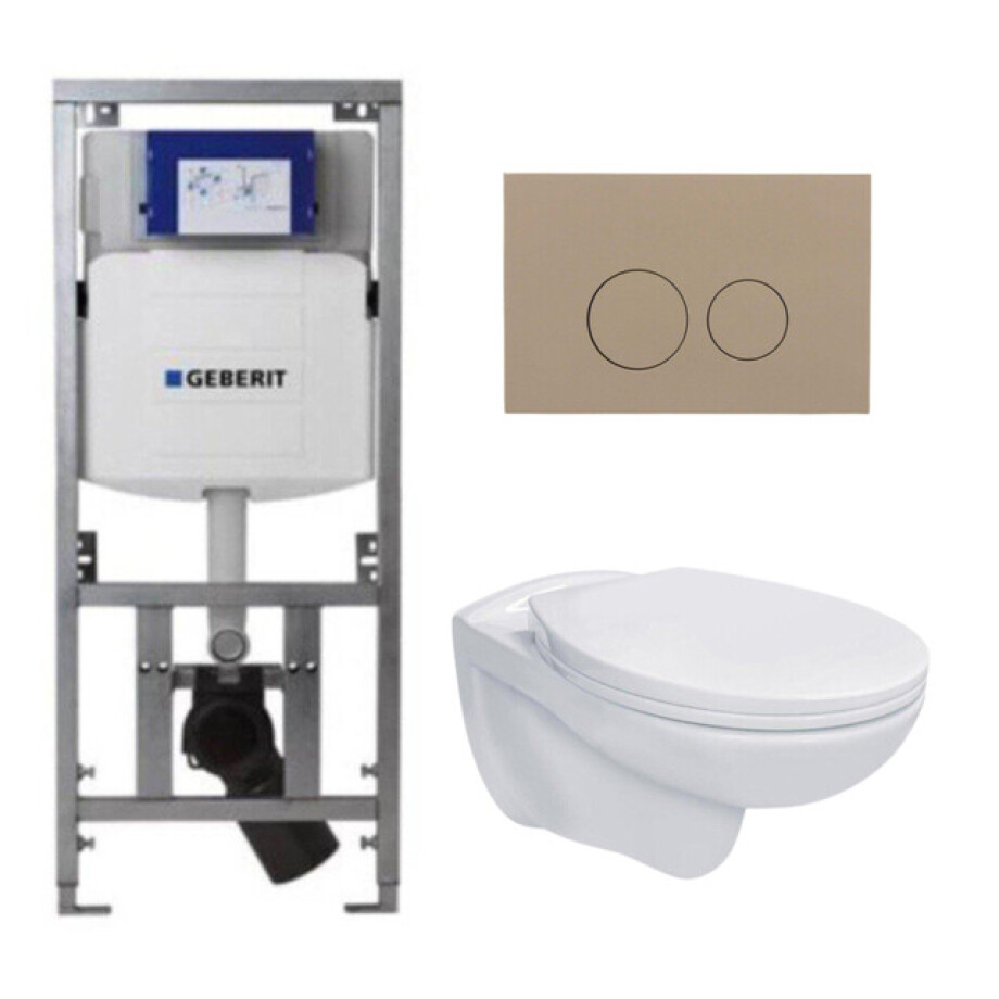 Adema Classico toiletset bestaande uit inbouwreservoir en toiletpot, basic toiletzitting - bedieningsplaat taupe - ronde knoppen - wit SW1152613/SW1102378/0701131 afbeelding 1