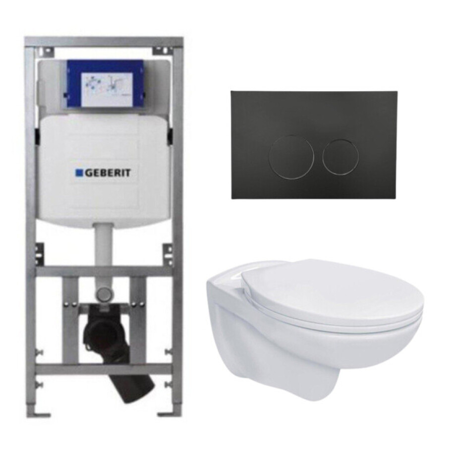 Adema Classico toiletset bestaande uit inbouwreservoir en toiletpot, basic toiletzitting en bedieningsplaat zwart SW1152613/SW706188/0701131 afbeelding 1