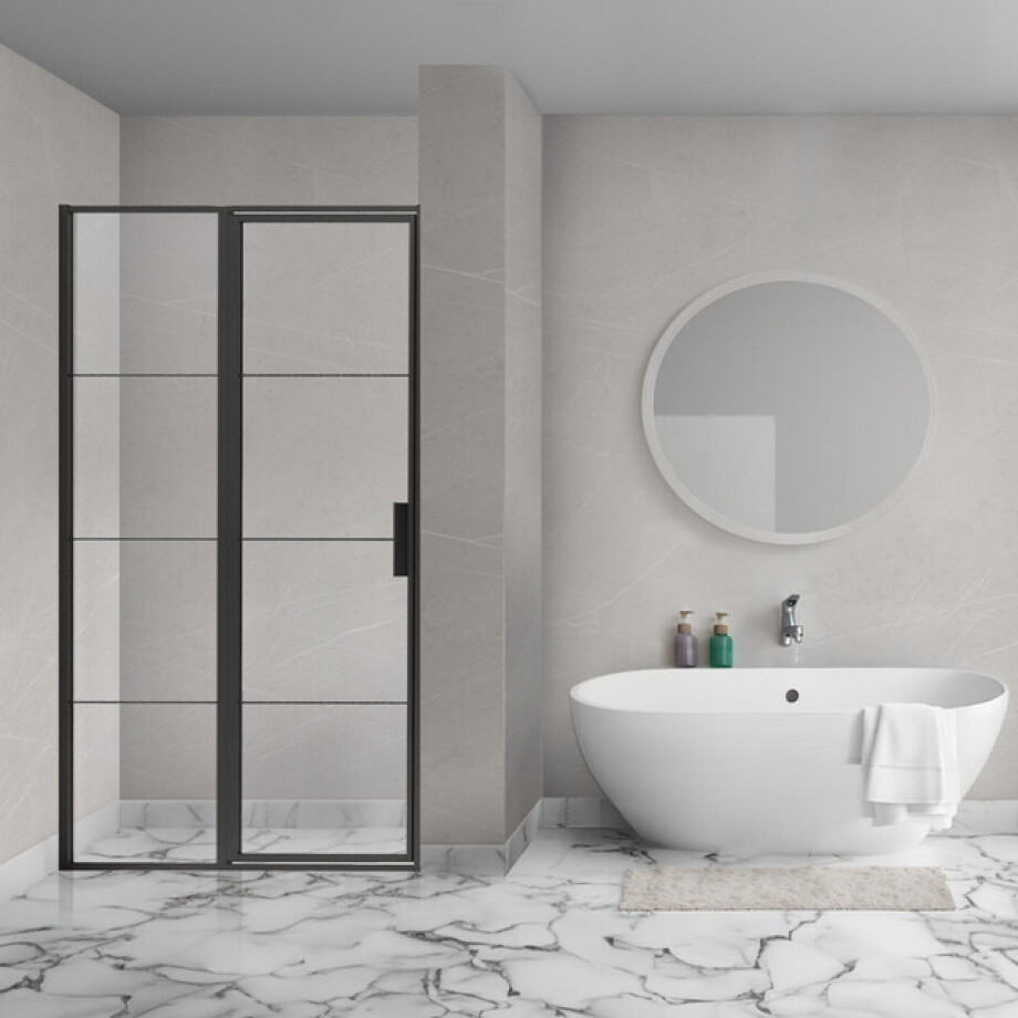 Aqua Vista Triple Draaideur met vast deel - 140x200 cm - 8mm - helder glas - mat zwart R-BE-L140-FFF afbeelding 1