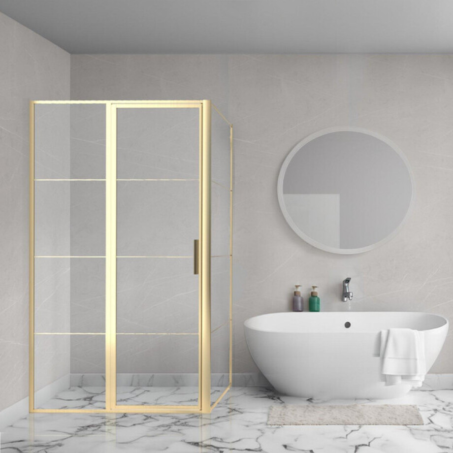 Aqua Vista Triple Draaideur met vast deel - 90x200 cm - 8mm - helder glas - onderdeel hoekcabine - geborsteld messing (goud) R-BYT-C90-FFF afbeelding 1