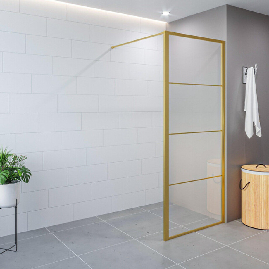 Aqua Vista Triple Zijwand - 90x200 cm - incl. wandbeugel - helder glas - geborsteld messing (goud) R-BYT-2120-90-FFF afbeelding 1
