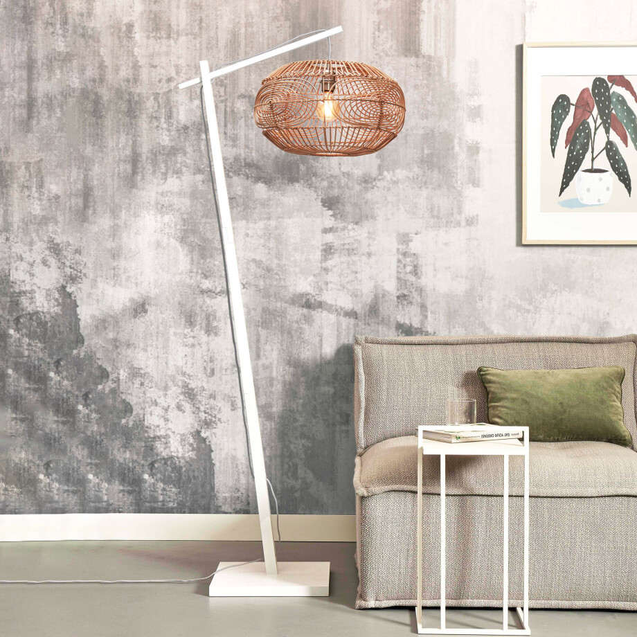 GOOD&MOJO Vloerlamp 'Madeira' Bamboe en rotan, 176cm, kleur Naturel/Wit afbeelding 1