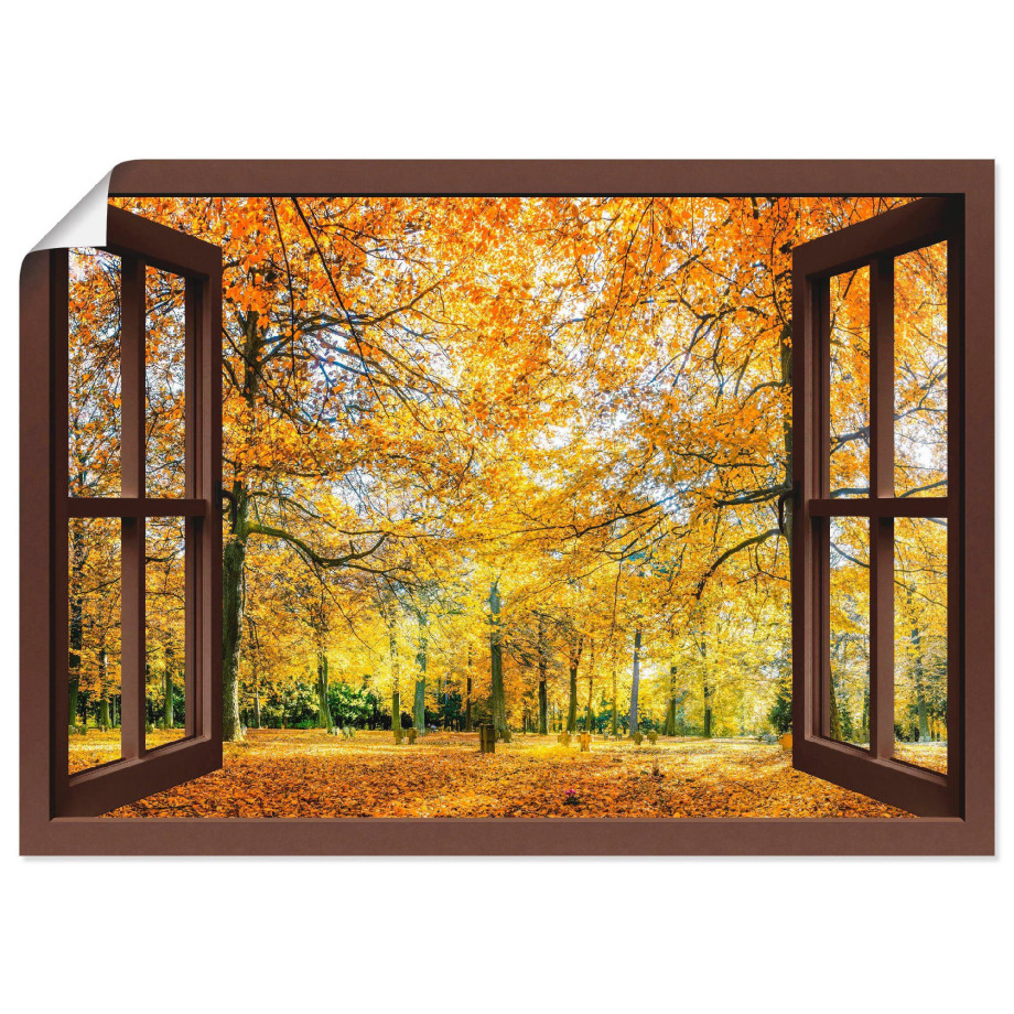 Artland Artprint Blik uit het venster - herfstbos panorama als artprint op linnen, poster, muursticker in verschillende maten afbeelding 1