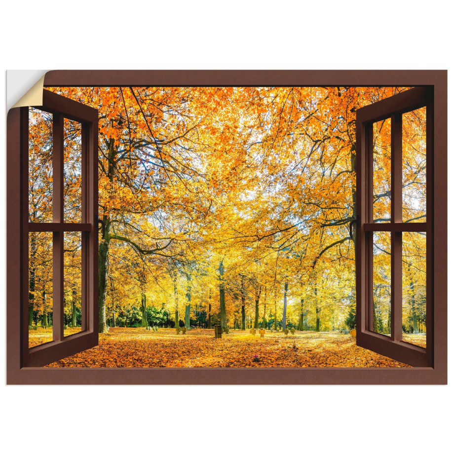 Artland Artprint Blik uit het venster - herfstbos panorama als artprint op linnen, poster, muursticker in verschillende maten afbeelding 1