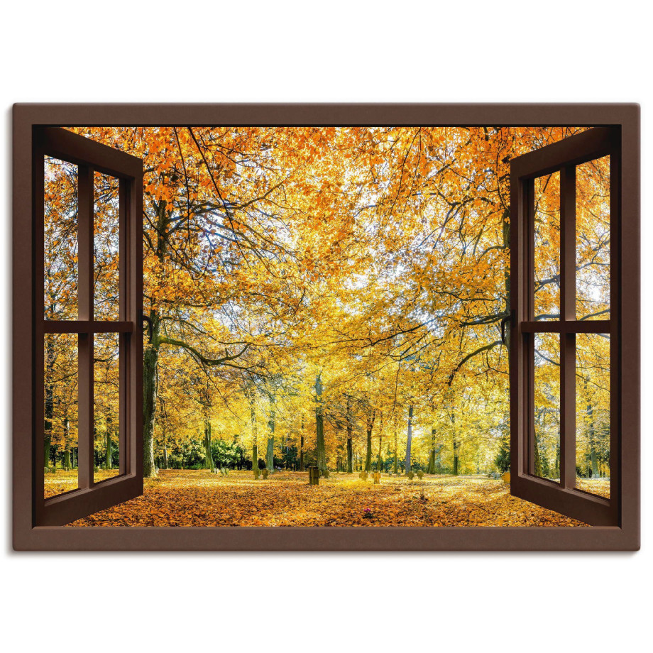 Artland Artprint Blik uit het venster - herfstbos panorama als artprint op linnen, poster, muursticker in verschillende maten afbeelding 1