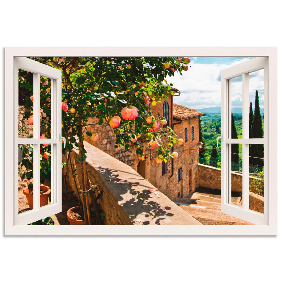 Artland Artprint Blik uit het venster rozen op balkon Toscane als artprint van aluminium, artprint voor buiten, artprint op linnen, poster, muursticker afbeelding 1
