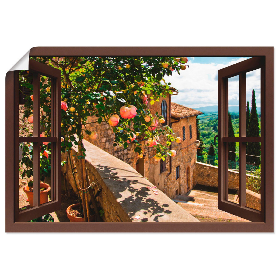 Artland Artprint Blik uit het venster rozen op balkon Toscane als artprint van aluminium, artprint voor buiten, artprint op linnen, poster, muursticker afbeelding 1