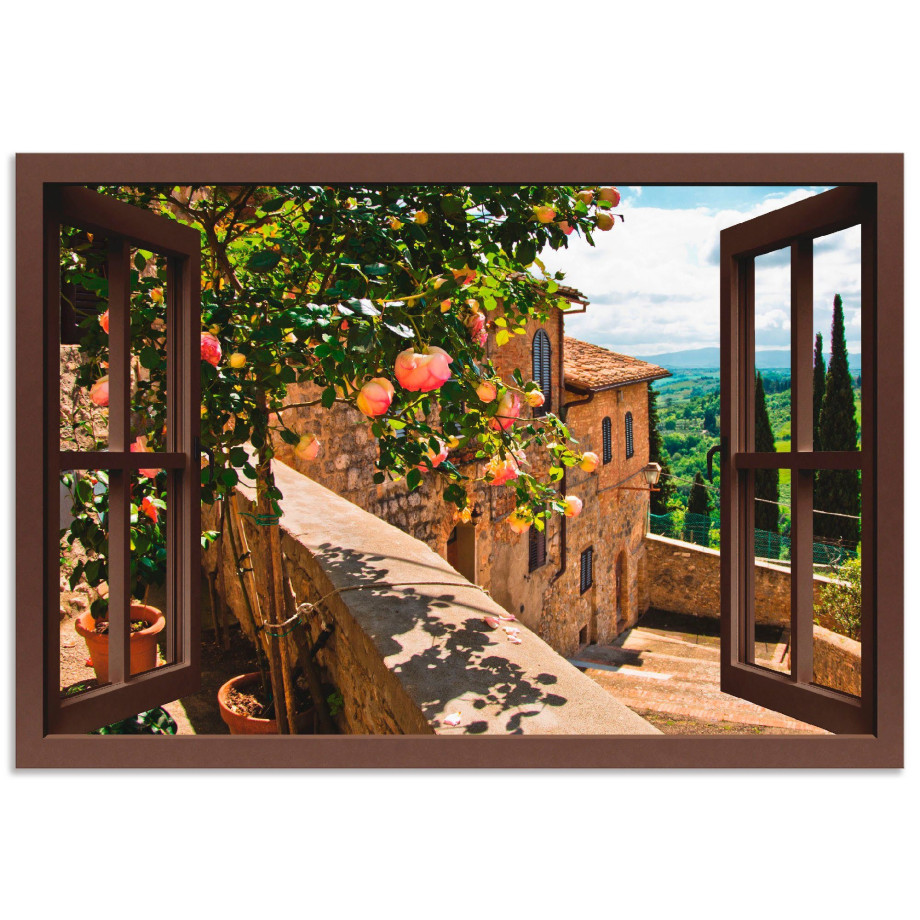 Artland Artprint Blik uit het venster rozen op balkon Toscane als artprint van aluminium, artprint voor buiten, artprint op linnen, poster, muursticker afbeelding 1