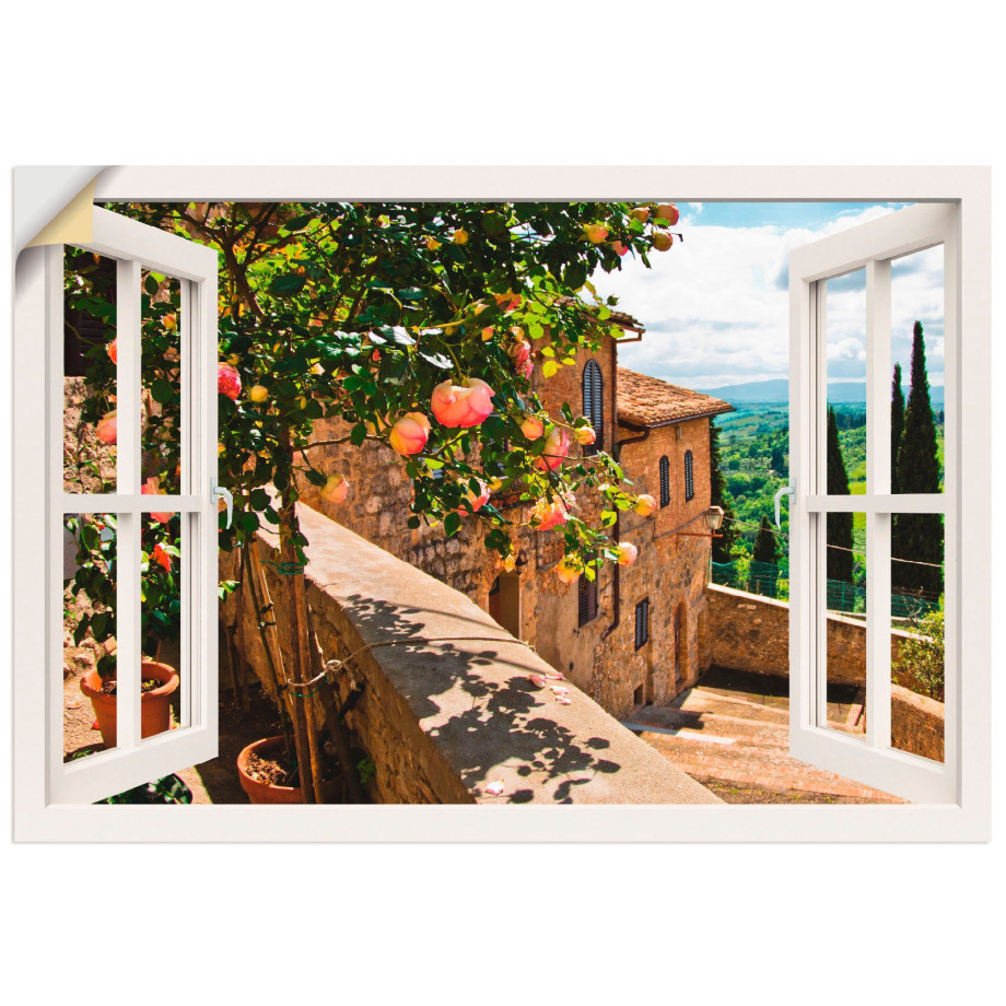 Artland Artprint Blik uit het venster rozen op balkon Toscane als artprint van aluminium, artprint voor buiten, artprint op linnen, poster, muursticker afbeelding 1