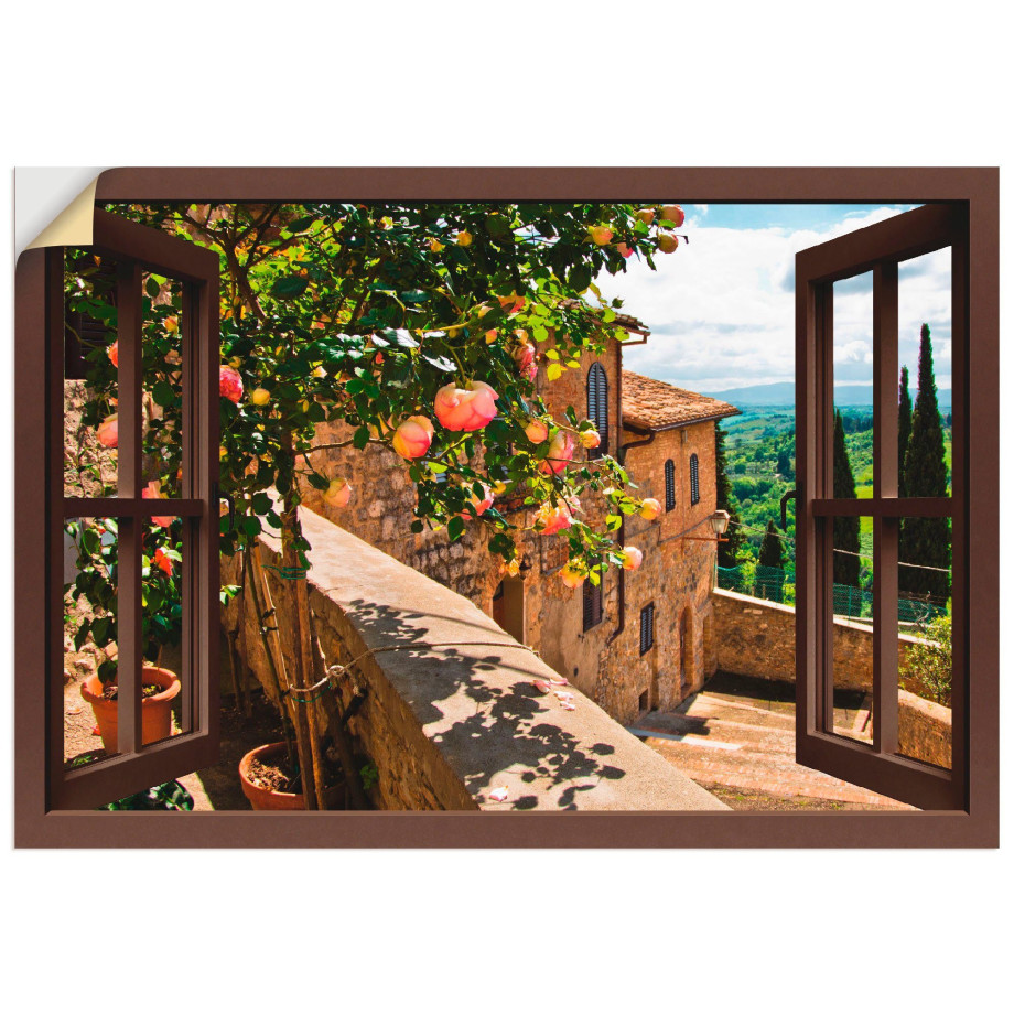 Artland Artprint Blik uit het venster rozen op balkon Toscane als artprint van aluminium, artprint voor buiten, artprint op linnen, poster, muursticker afbeelding 1