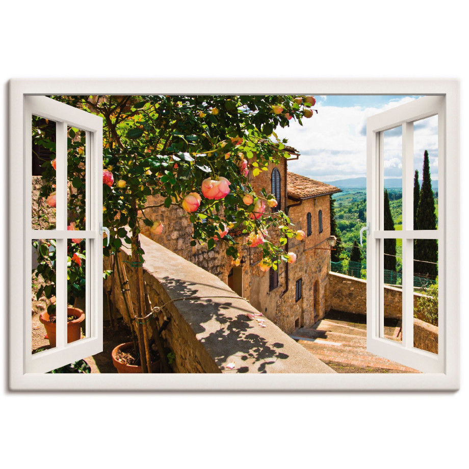 Artland Artprint Blik uit het venster rozen op balkon Toscane als artprint van aluminium, artprint voor buiten, artprint op linnen, poster, muursticker afbeelding 1