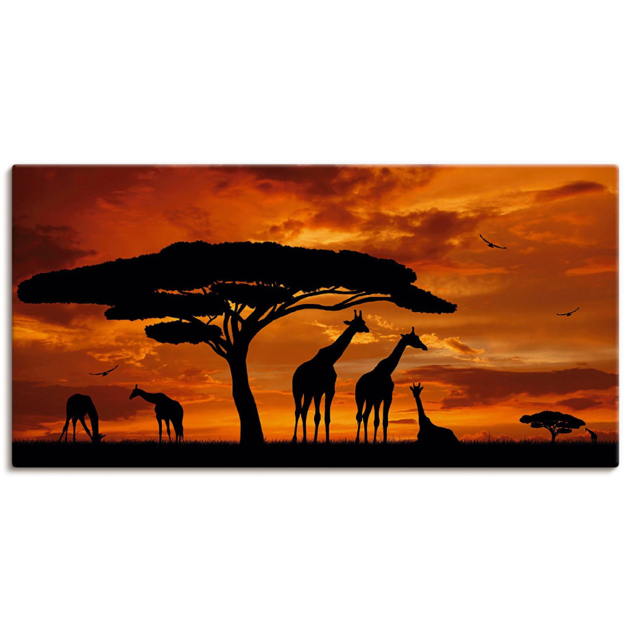 Artland Artprint Kudde giraffen bij zonsondergang als artprint op linnen, poster in verschillende formaten maten afbeelding 
