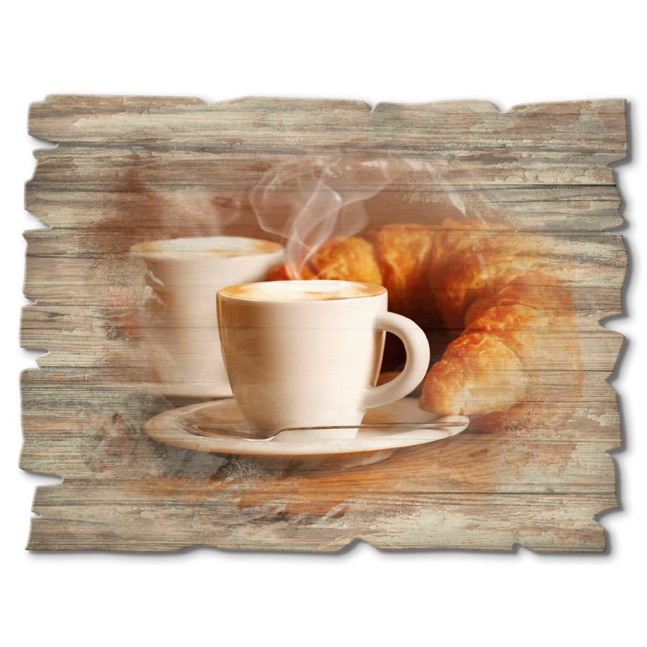 Artland Artprint op hout Stomende cappuccino en croissant afbeelding 1