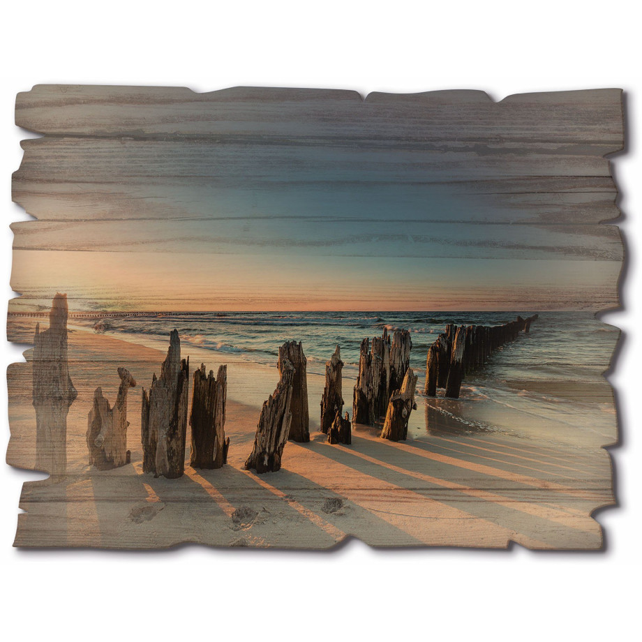 Artland Artprint op hout Zonsondergang strand golfbreker afbeelding 1