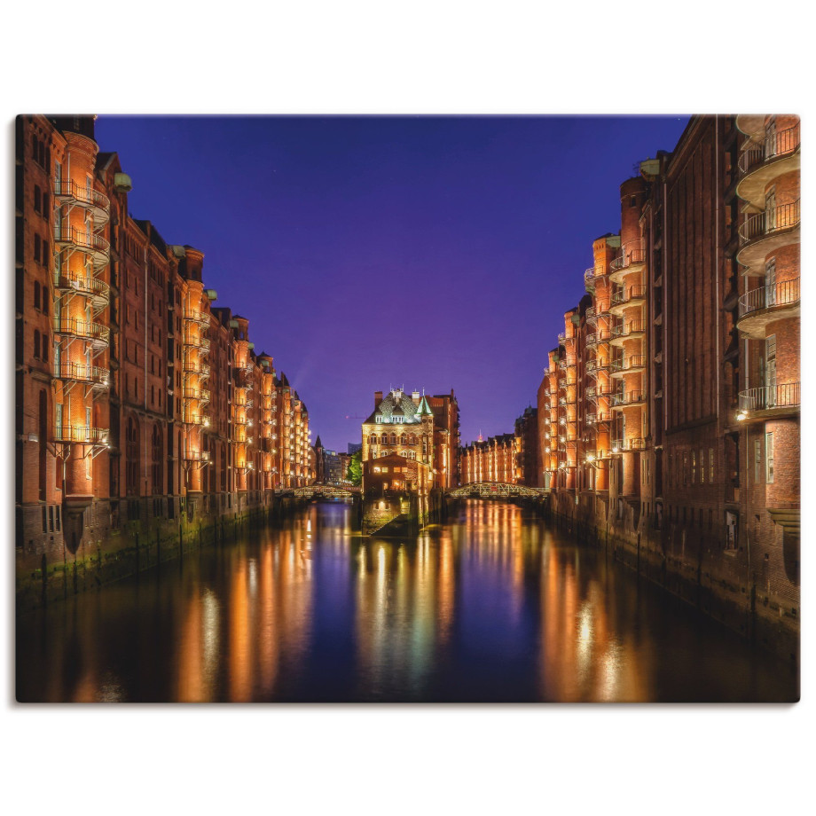 Artland Artprint op linnen Hamburg Speicherstadt 's nachts afbeelding 1